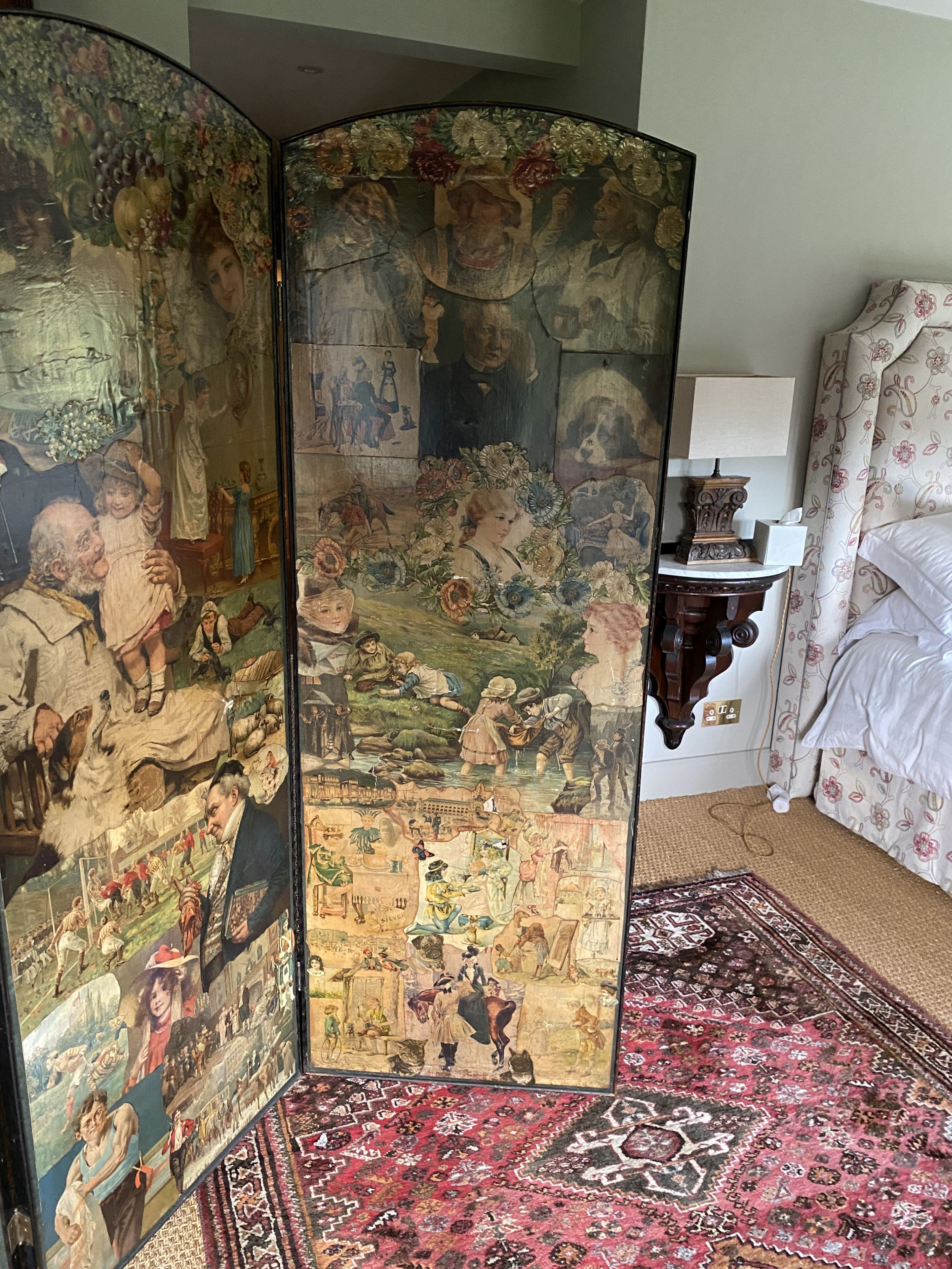 A Victorian double signed three fold scrap screen, mostly decorated with figures, width 63cm height 176cm